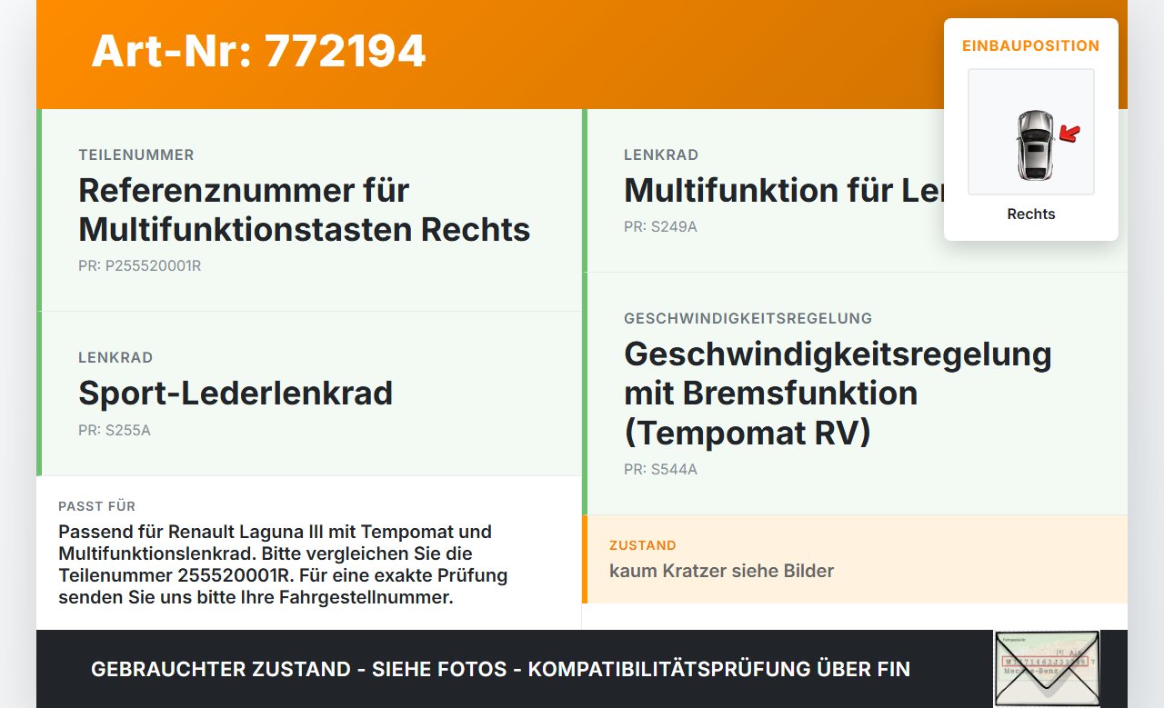 Renault Laguna III 3 07-11 Lenkradschalter Multifunktionstasten Schalter für Lenkrad Rechts Renault Laguna III 3... Vorschau 3