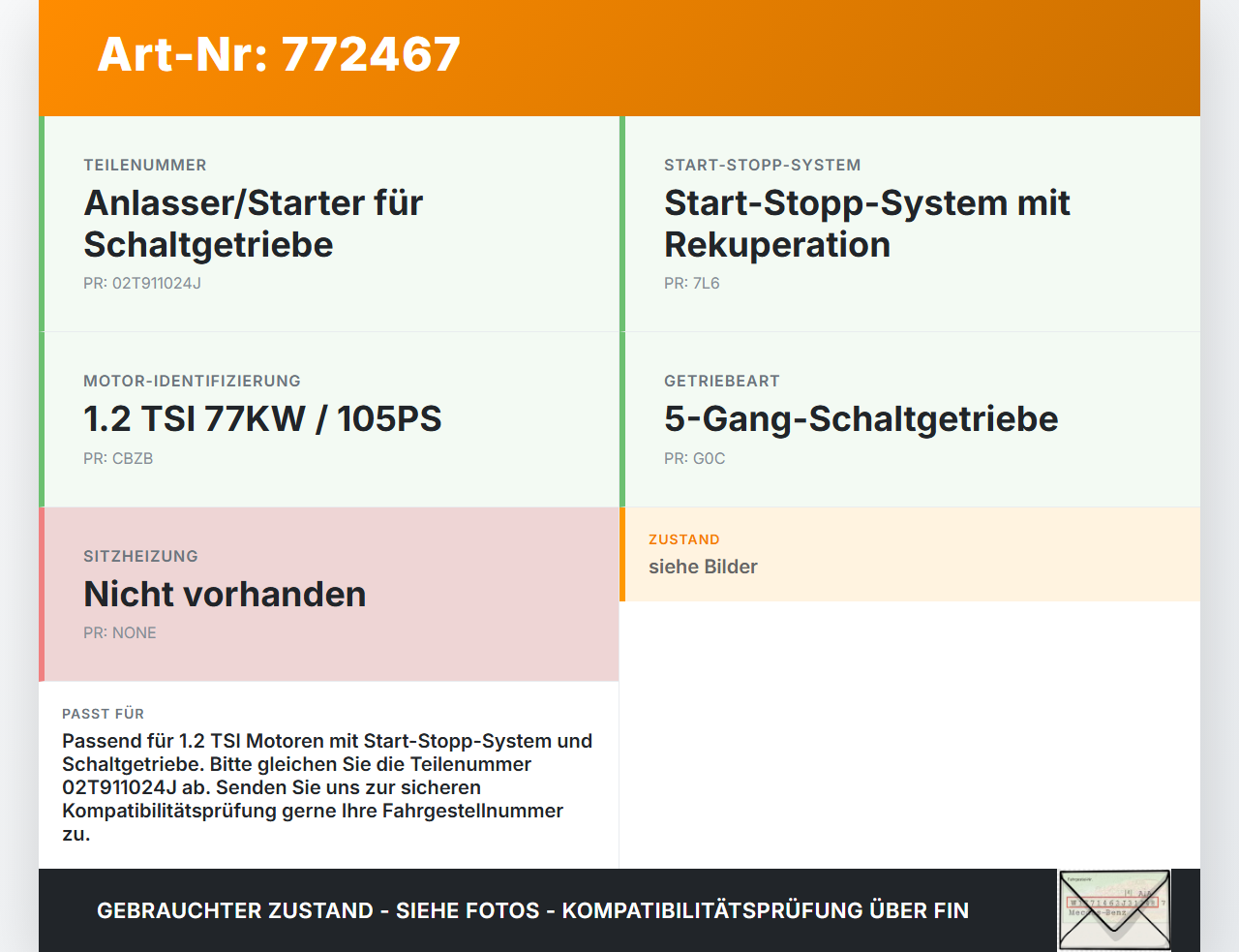 Seat Ibiza 6J 12-15 TSI 1,2 77KW Anlasser Starter Seat Ibiza 6J 12-15 25.03.2014 02T911024J 0001142001 gebraucht Vorschau 3