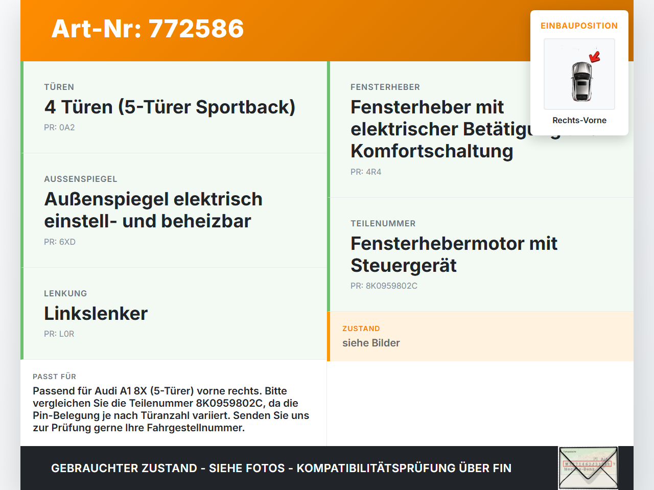 Audi A1 8X 10-14 5T Fensterhebermotor Rechts Vorne Audi A1 8X 10-14 04.11.2011 A62113-110 8K0959802C... Vorschau 3