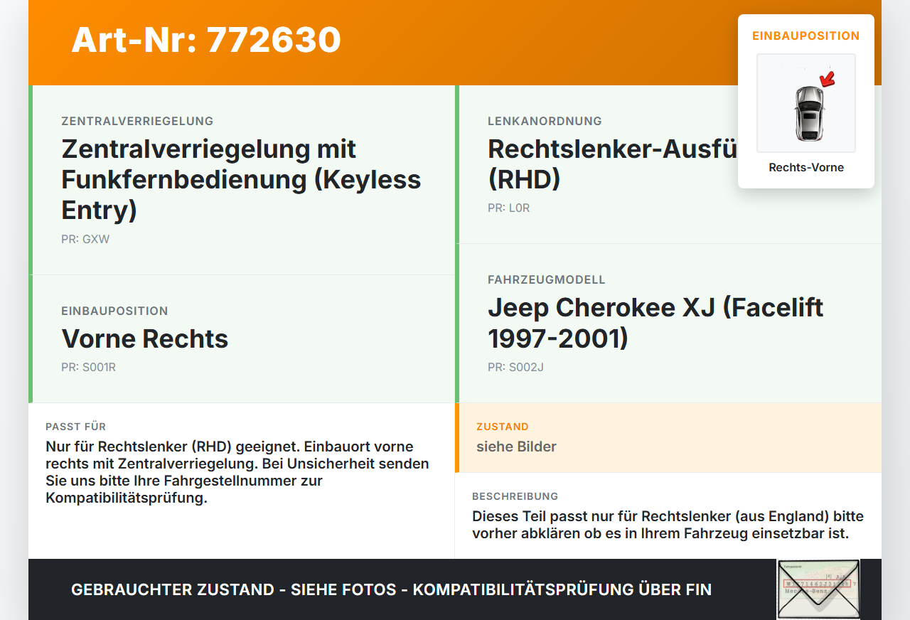 Jeep Cherokee I XJ 97-01  RHD Türschloss m. ZV Stellmotor Rechts Vorne Jeep Cherokee I XJ 97-01 01.02.1997 gebraucht Vorschau 3