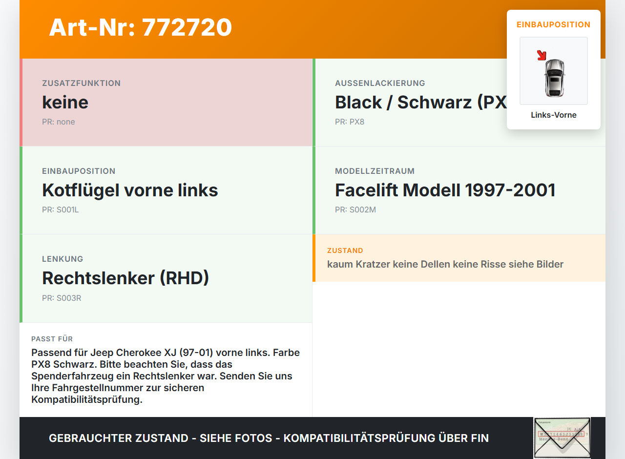Jeep Cherokee I XJ 97-01 Leiste Zierleiste für Kotflügel Links Vorne PX8 Jeep Cherokee I XJ 97-01 01.02.1997 gebraucht Vorschau 3