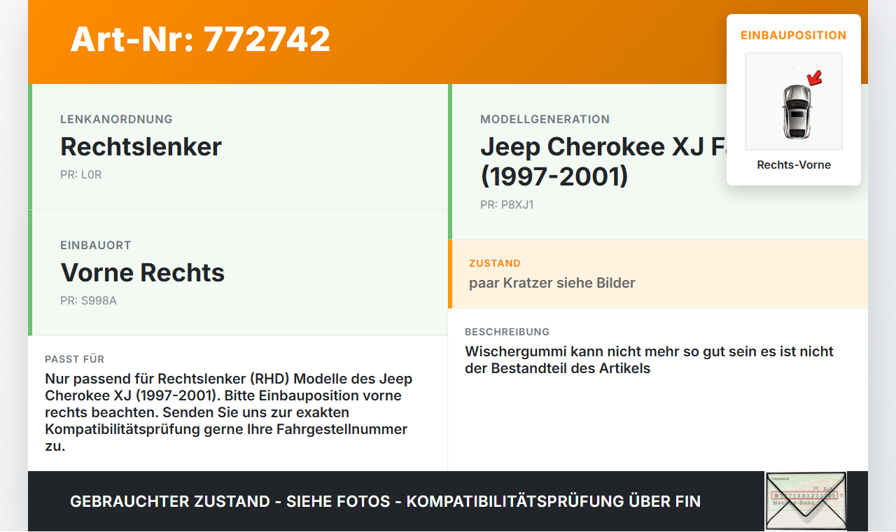 Jeep Cherokee I XJ 97-01 Scheibenwischer Rechts Vorne Jeep Cherokee I XJ 97-01 01.02.1997 gebraucht Vorschau 3