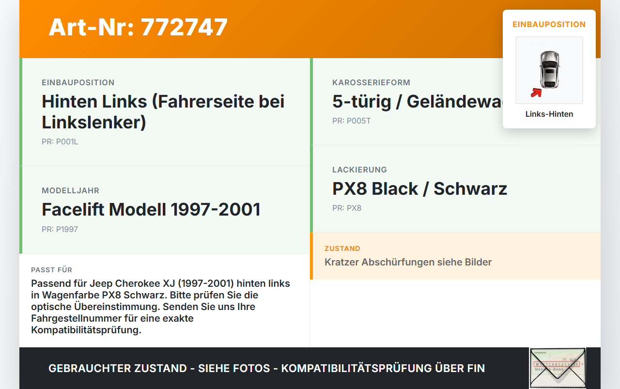 Jeep Cherokee I XJ 97-01 Leiste für Kotflügel Links Hinten PX8 Jeep Cherokee I XJ 97-01 01.02.1997 gebraucht Vorschau 3