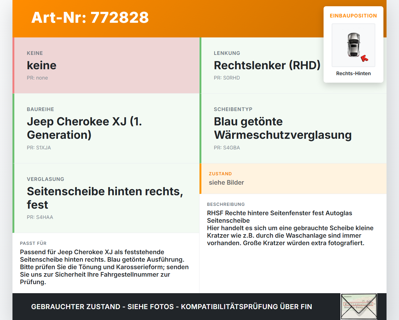 Jeep Cherokee I XJ 97-01 RH Fest Seitenscheibe Scheibe Rechts Hinten Blau getönt Jeep Cherokee I XJ 97-01... Vorschau 3