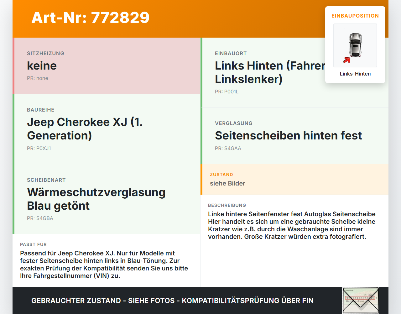 Jeep Cherokee I XJ 97-01 Feste Seitenscheibe Scheibe Links Hinten Blau getönt Jeep Cherokee I XJ 97-01 01.02.1997... Vorschau 3