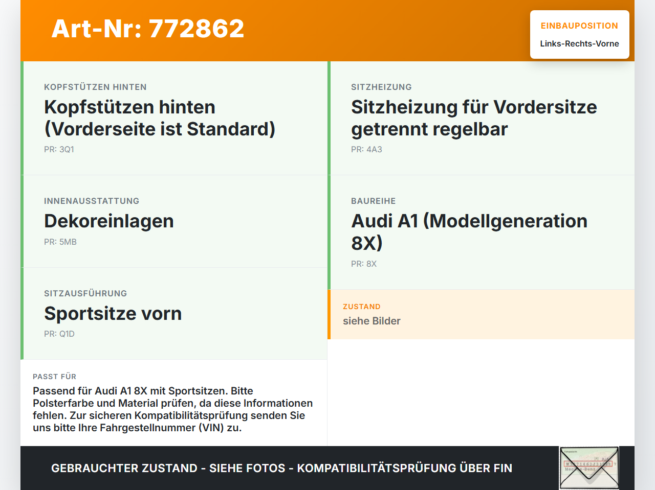 Audi A1 8X 10-14 5T Kopfstütze für Beifahrer Sitz Rechts oder Links Vorne Audi A1 8X 10-14 04.11.2011 gebraucht Vorschau 3
