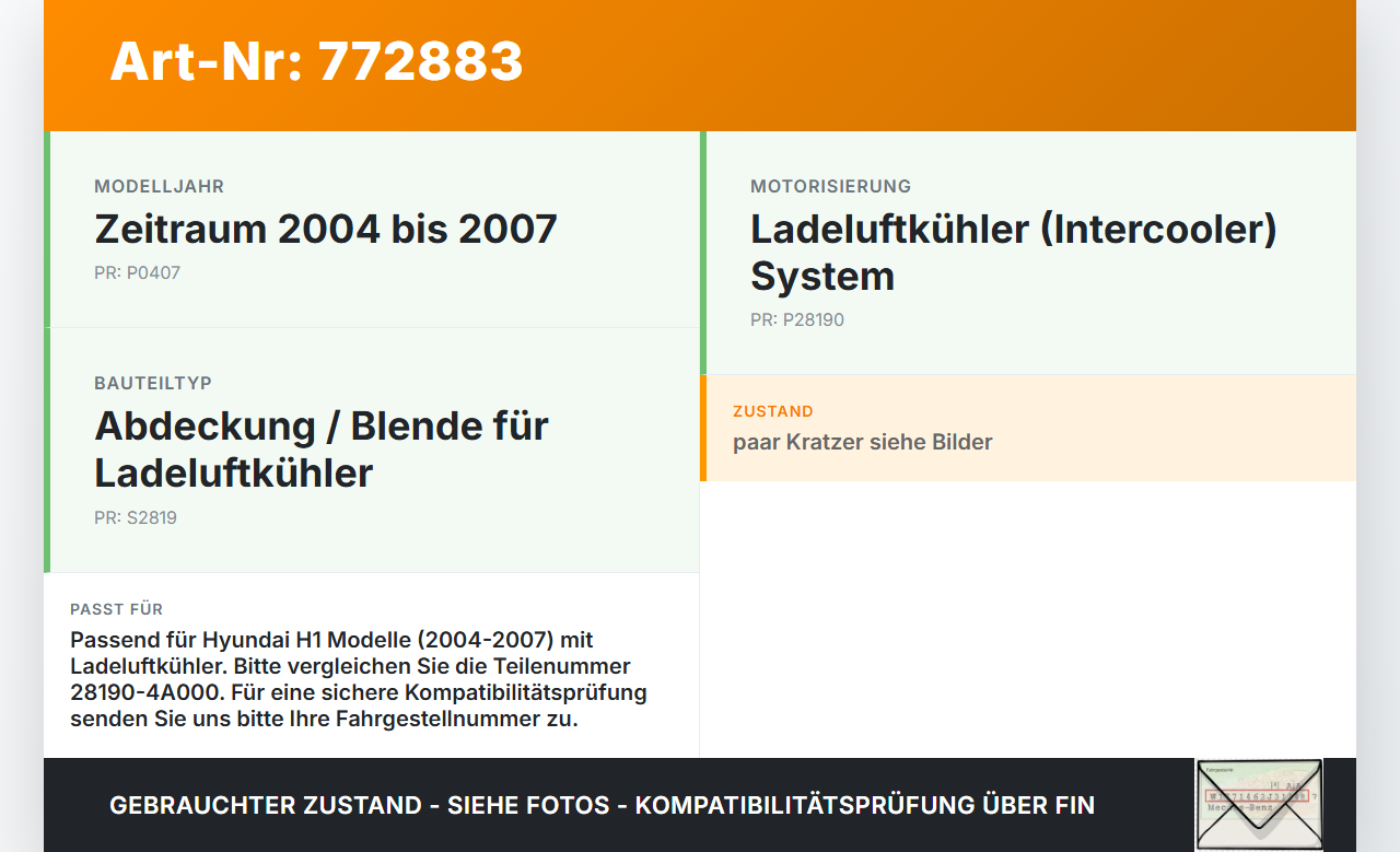 Hyundai H1 04-07 Blende Innen Abdeckung für Ladeluftkühler Hyundai H1 04-07 28.02.2005 28190-4A000 gebraucht Vorschau 3