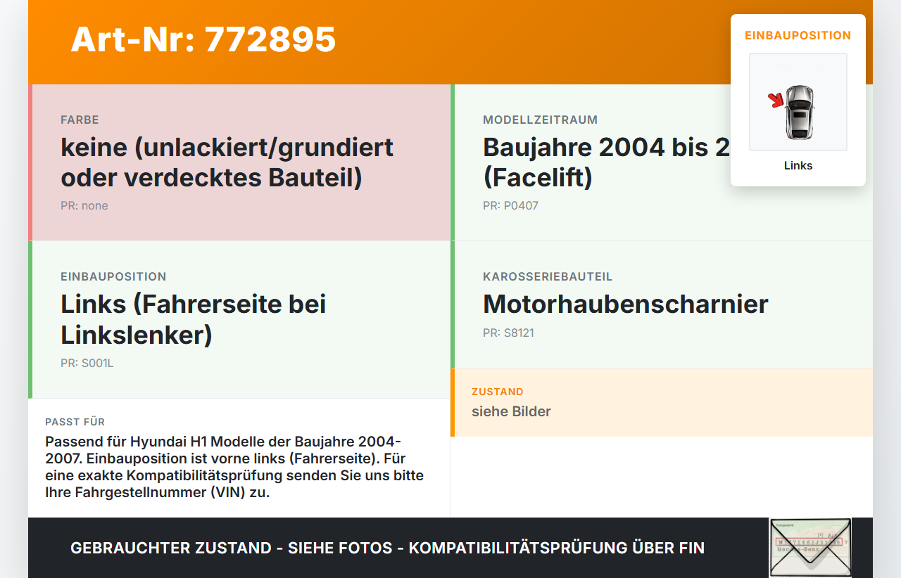 Hyundai H1 04-07 Scharnier für Motorhaube Motorhaubenscharnier Links Hyundai H1 04-07 28.02.2005 gebraucht Vorschau 3