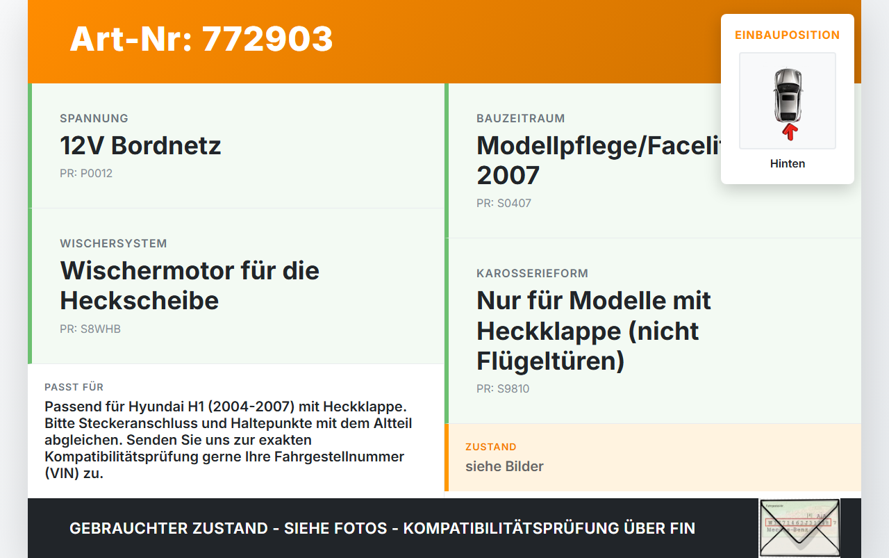 Hyundai H1 04-07 Wischermotor Hinten Heckwischermotor Hyundai H1 04-07 28.02.2005 gebraucht Vorschau 3