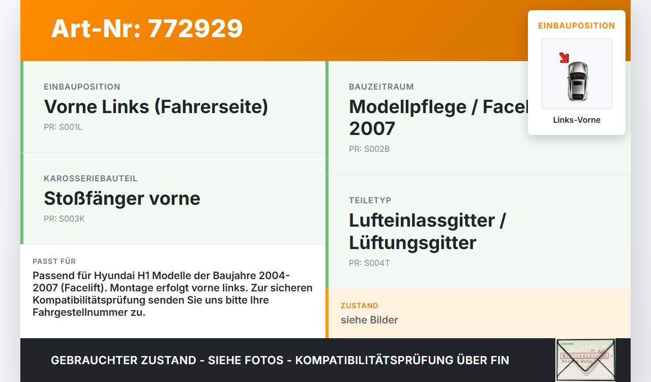 Hyundai H1 04-07 Lufteinlassgitter für Stoßstange Stoßfänger Links Vorne NW Hyundai H1 04-07 28.02.2005... Vorschau 3