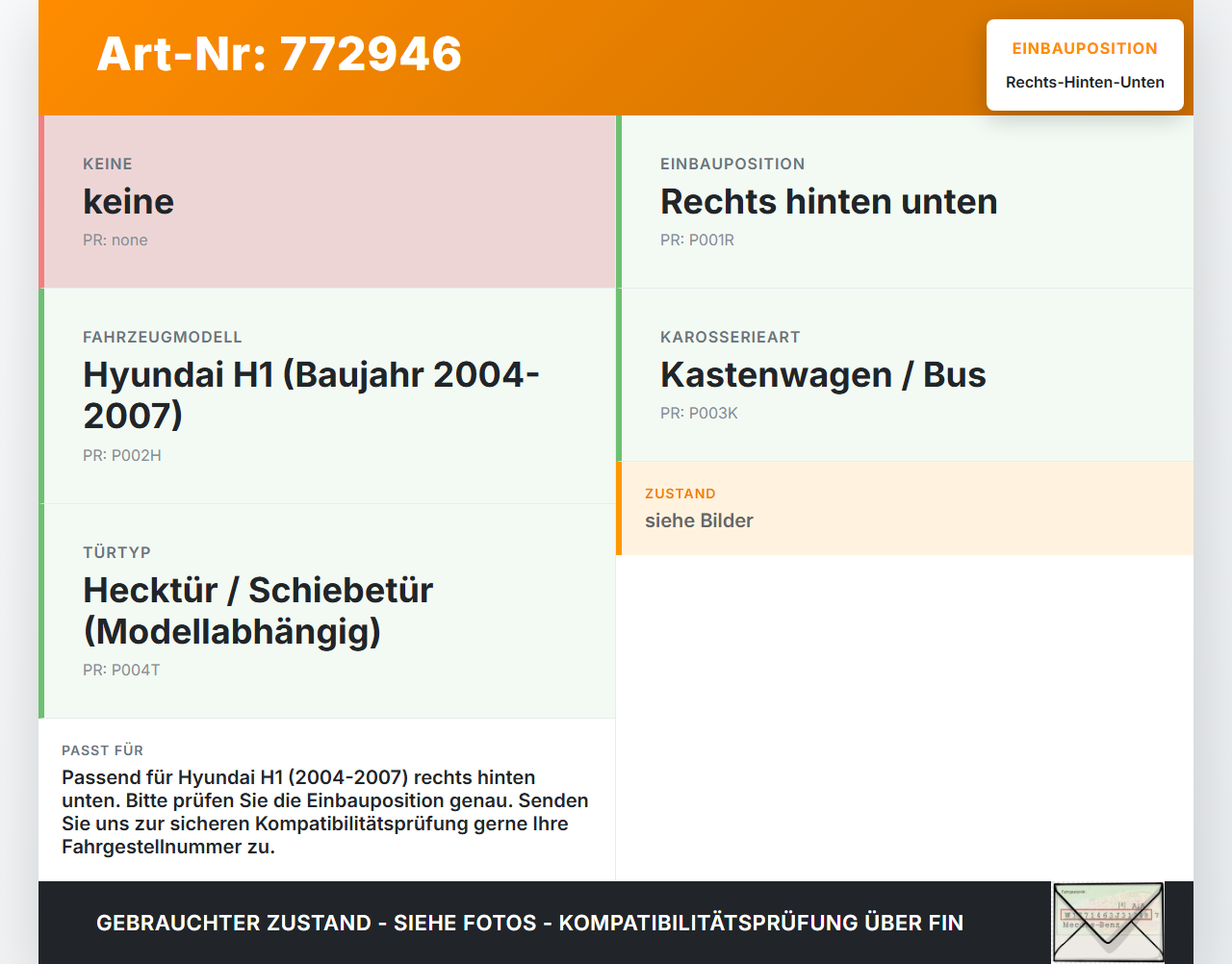 Hyundai H1 04-07 Türscharnier Tür Scharnier Rechts Hinten Unten Hyundai H1 04-07 28.02.2005 gebraucht Vorschau 3