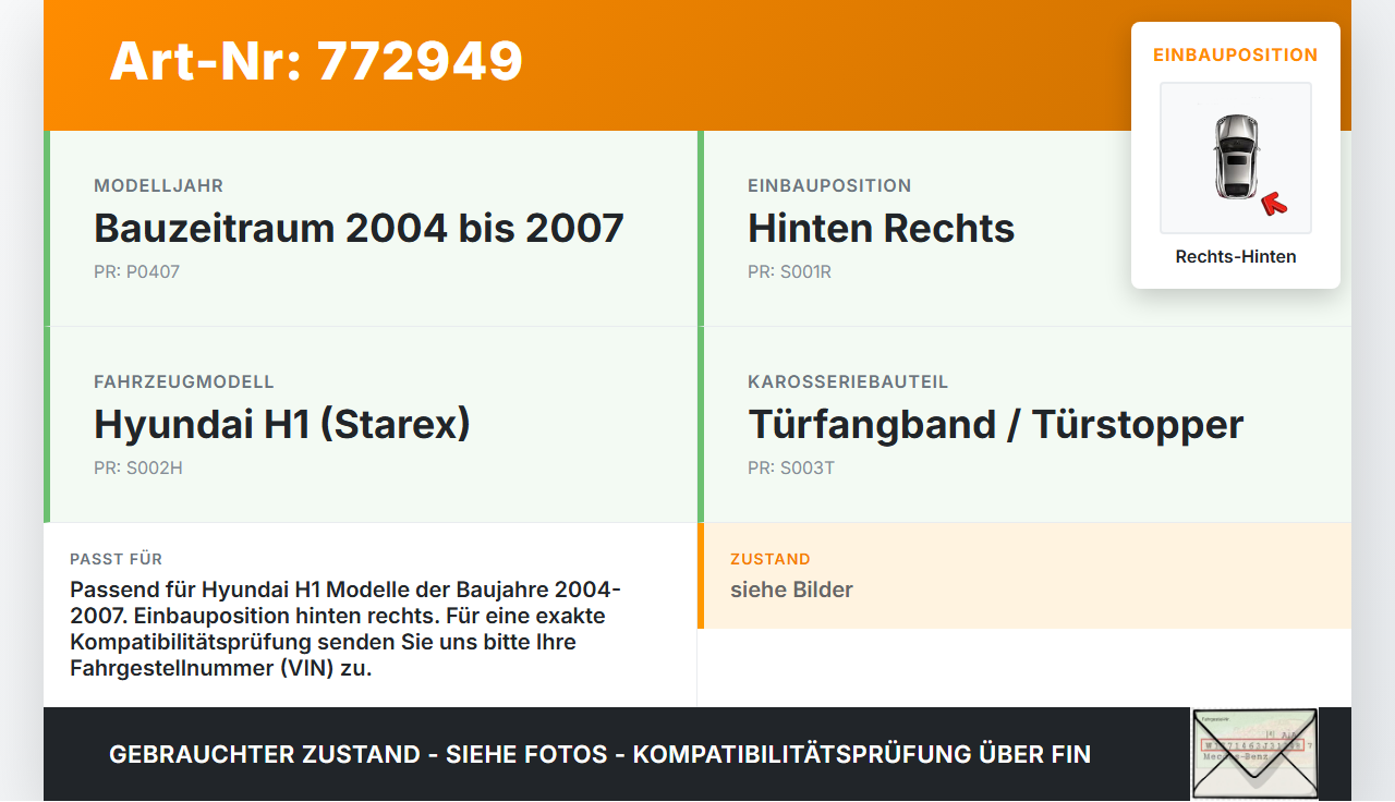 Hyundai H1 04-07 Türfangband Rechts Hinten Hyundai H1 04-07 28.02.2005 gebraucht Vorschau 3