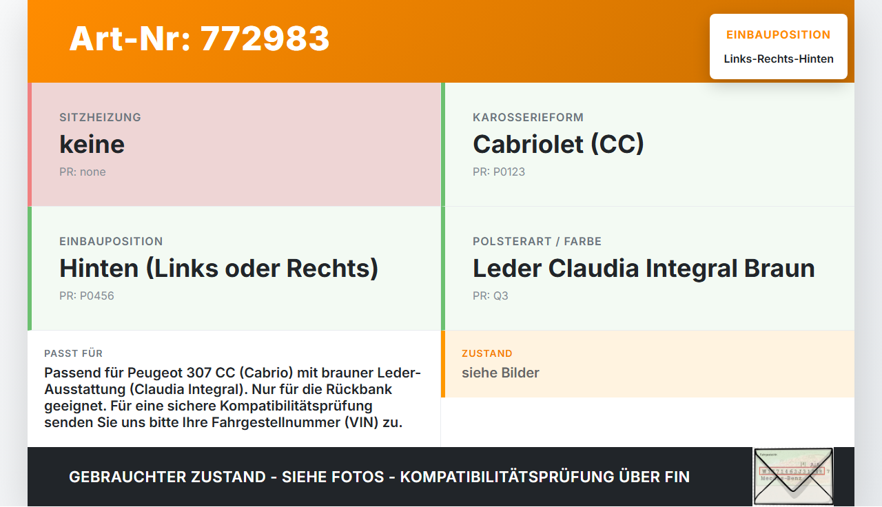 Peugeot 307 CC 03-05 Kopfstütze Rechts oder Links Hinten Braun Peugeot 307 CC 03-05 31.05.2005 gebraucht Vorschau 3