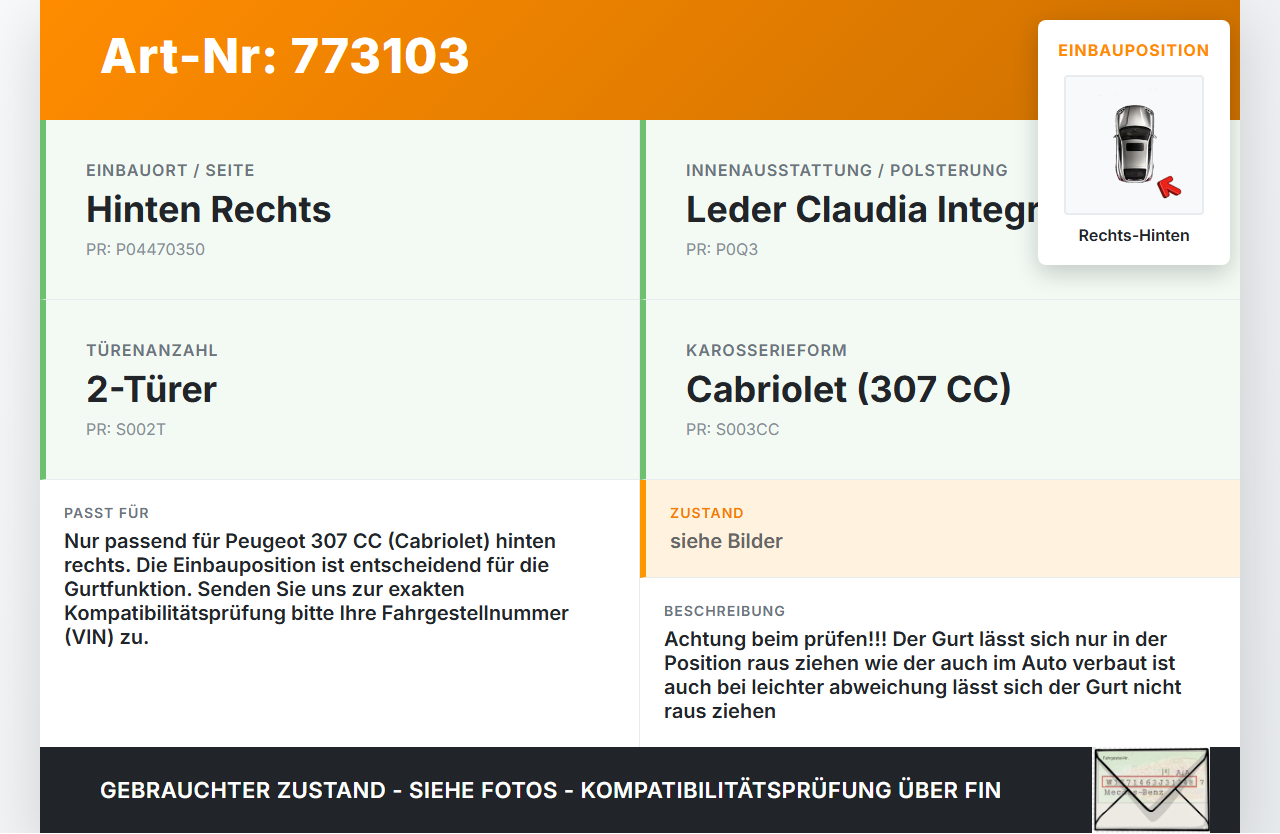 Peugeot 307 CC 03-05 Cabriolet Gurt Sicherheitsgurt Rechts Hinten Peugeot 307 CC 03-05 31.05.2005 8974JY 4470350... Vorschau 3