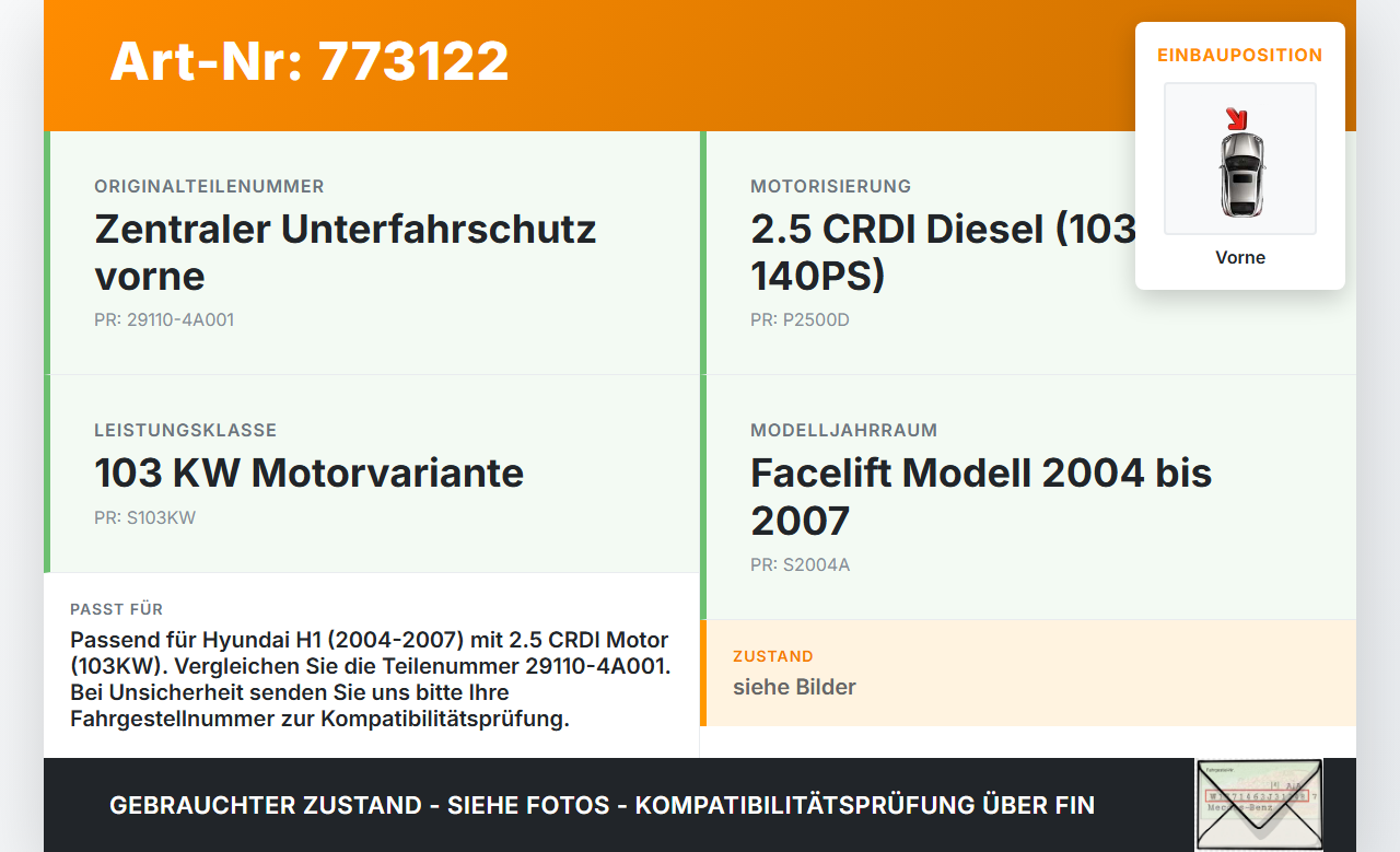 Hyundai H1 04-07 CRDI  2,5 103KW Unterfahrschutz Vorne Hyundai H1 04-07 28.02.2005 29110-4A001 gebraucht Vorschau 3