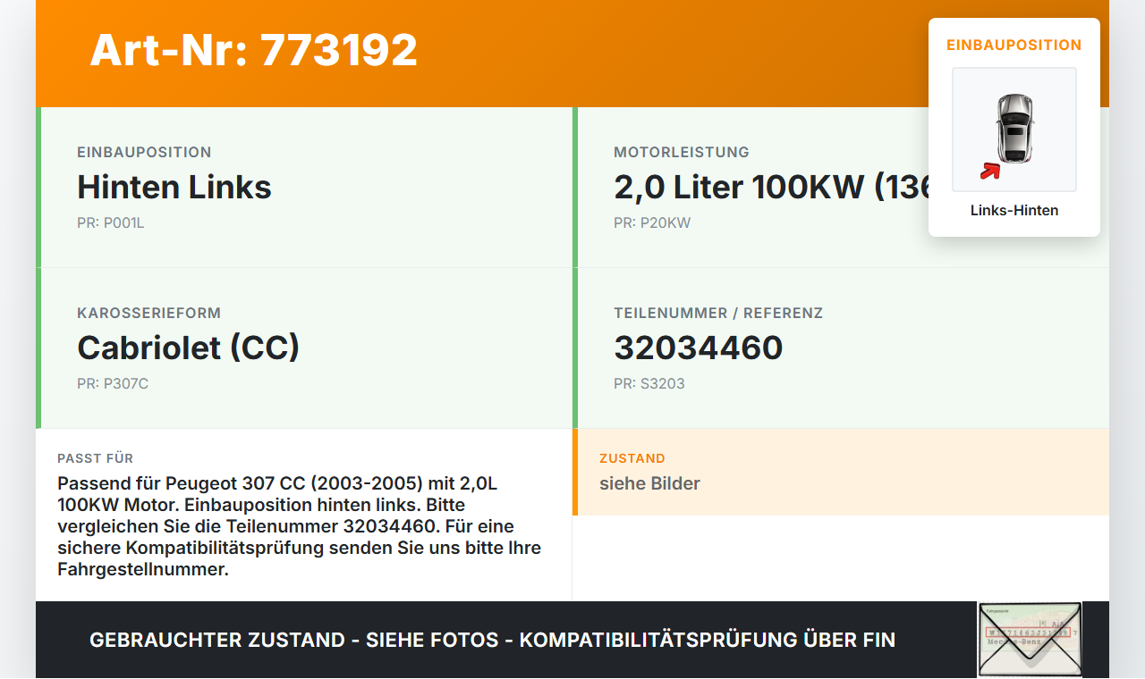 Peugeot 307 CC 03-05 2,0 100KW Bremssattel Bremszange Hinten Links Peugeot 307 CC 03-05 31.05.2005 4400R4 32034460... Vorschau 3