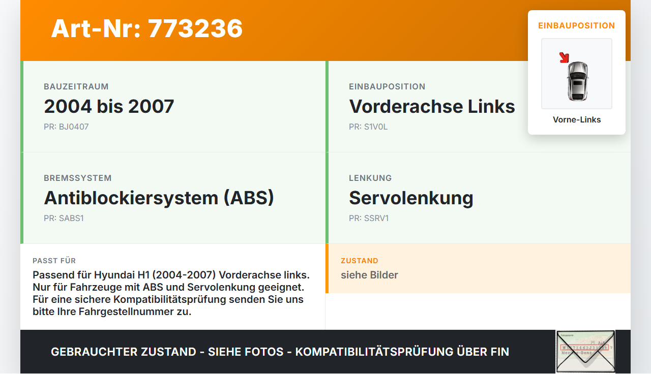 Hyundai H1 04-07 Stossdämpfer Vorne Links Hyundai H1 04-07 28.02.2005 gebraucht Vorschau 3