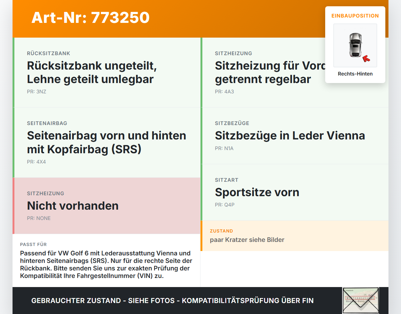 VW Golf 5K 6 VI 08-12 5T Seitenpolster Rechts für Rücksitzbank Hinten SRS VW Golf 5K 6 VI 08-12 03.04.2009 32S579... Vorschau 3