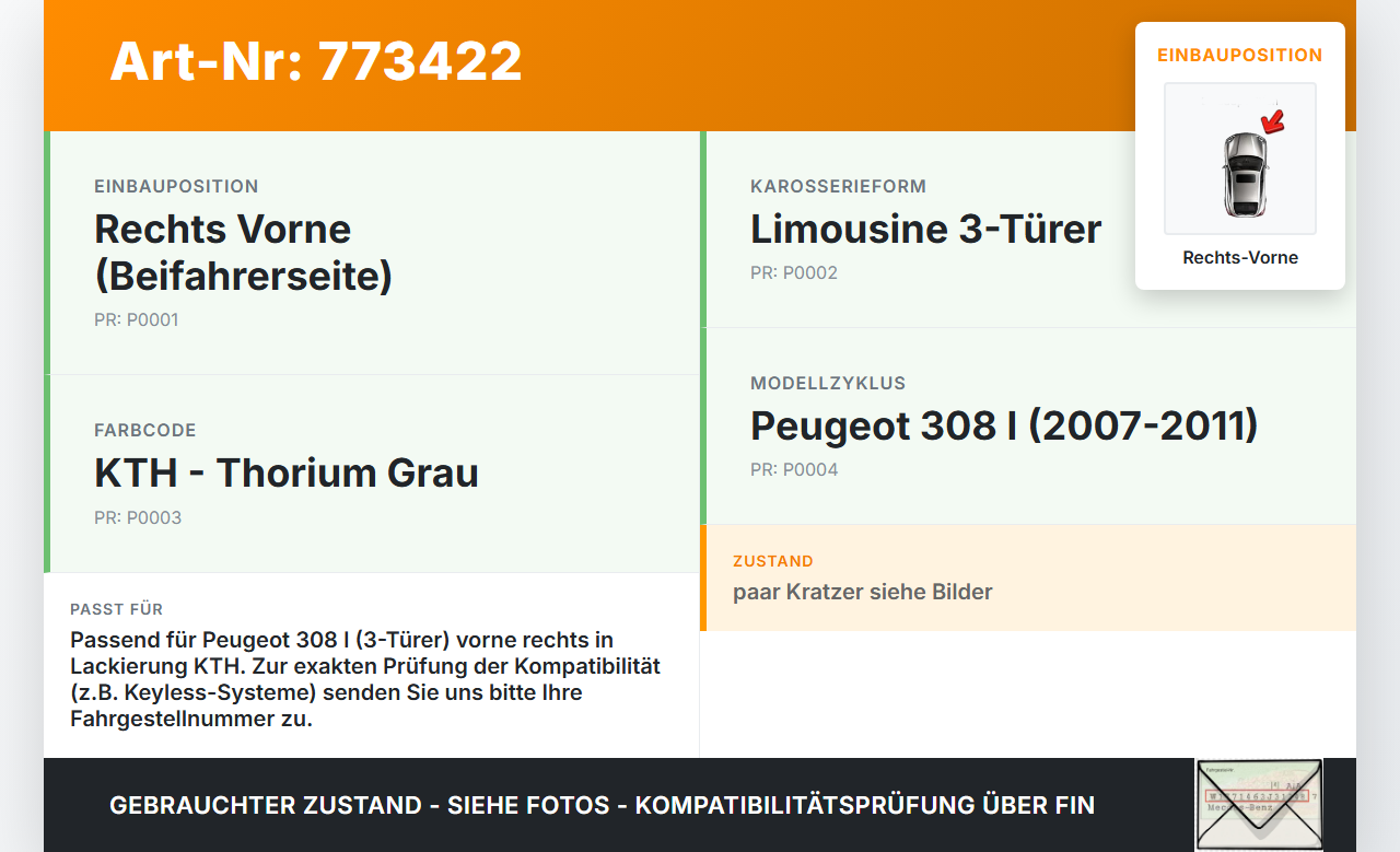 Peugeot 308 I 07-11 3T Türgriff Griff aussen Rechts Vorne KTH Peugeot 308 I 07-11 26.02.2009 gebraucht Vorschau 3
