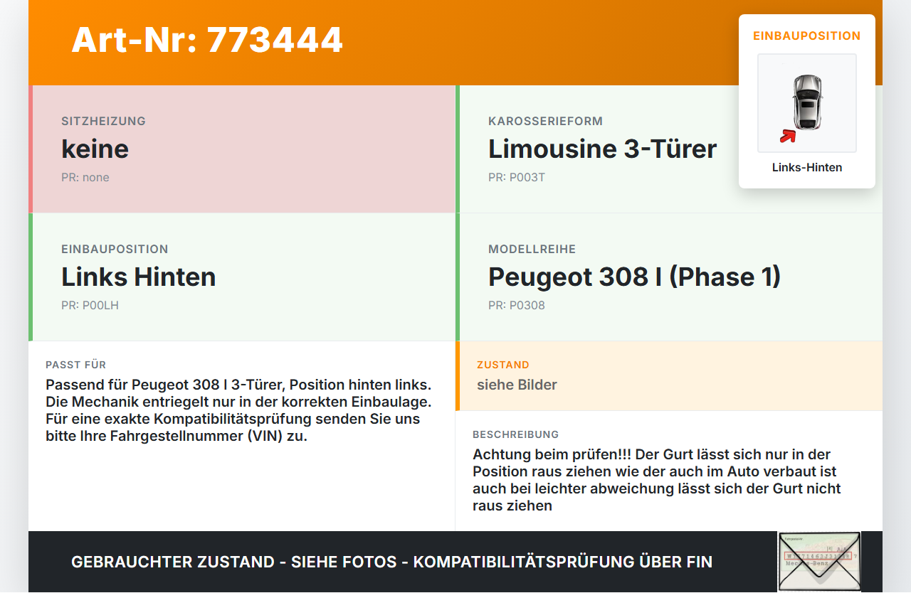 Peugeot 308 I 07-11 3T Gurt Sicherheitsgurt Links Hinten Peugeot 308 I 07-11 26.02.2009 gebraucht Vorschau 3