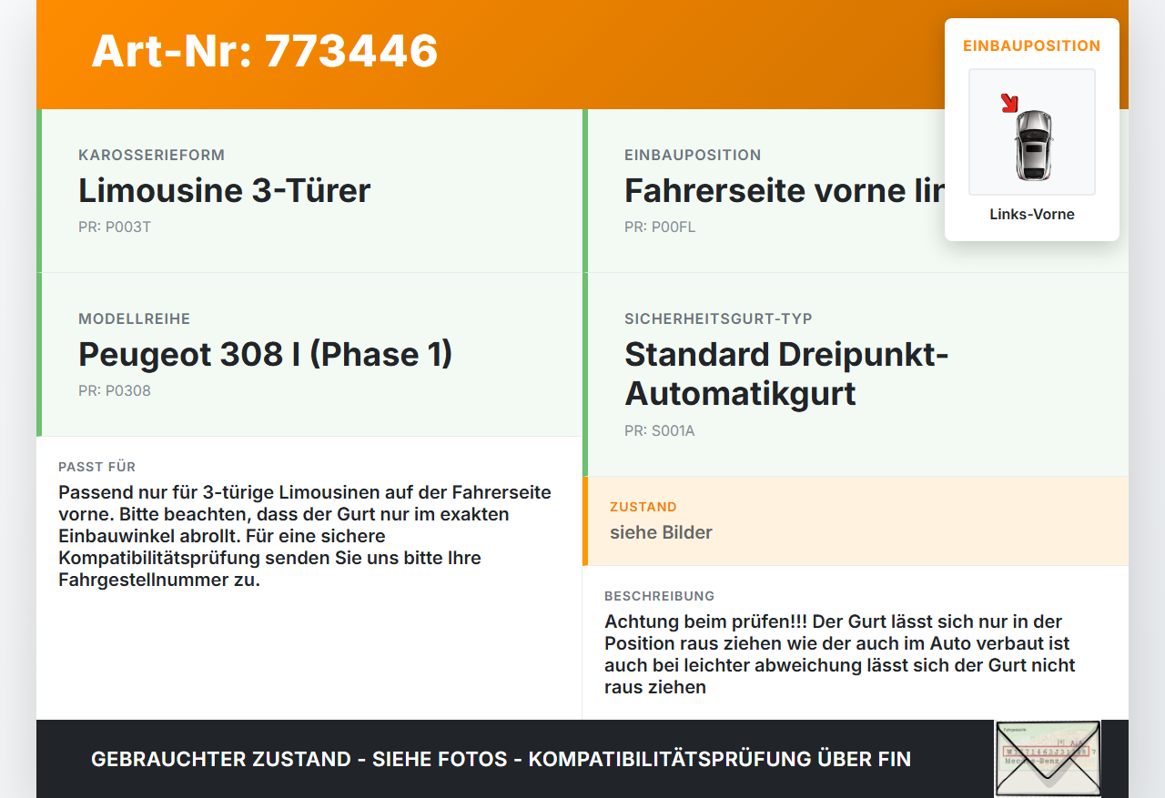 Peugeot 308 I 07-11 3T Gurt Sicherheitsgurt m. Gurtstraffer für Fahrer Links Vorne Peugeot 308 I 07-11 26.02.2009... Vorschau 3