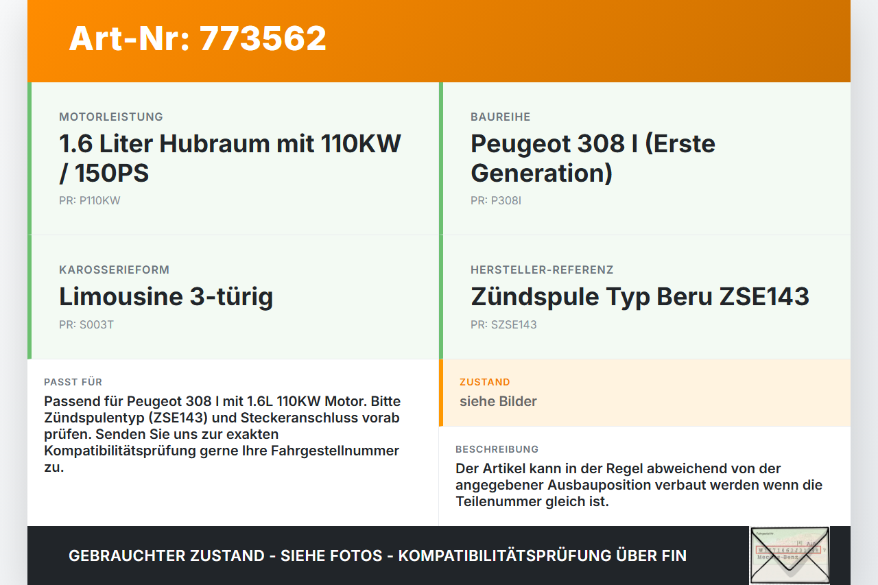 Peugeot 308 I 07-11 1,6 110KW Zündspule Zyl.3 Peugeot 308 I 07-11 26.02.2009 ZSE143 gebraucht Vorschau 3