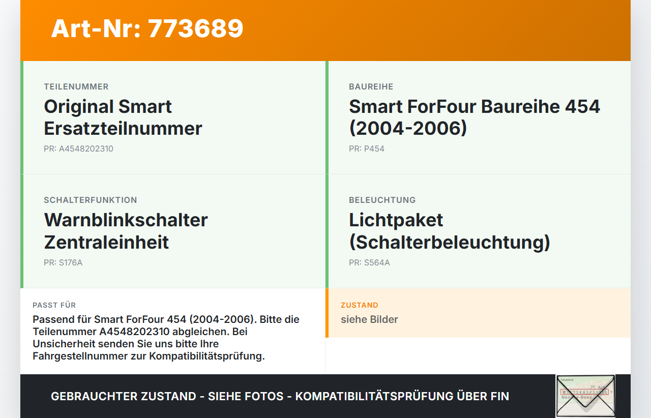 Smart ForFour 454 04-06 Warnblinkschalter Schalter Smart ForFour 454 04-06 08.12.2004 A4548202310 gebraucht Vorschau 3