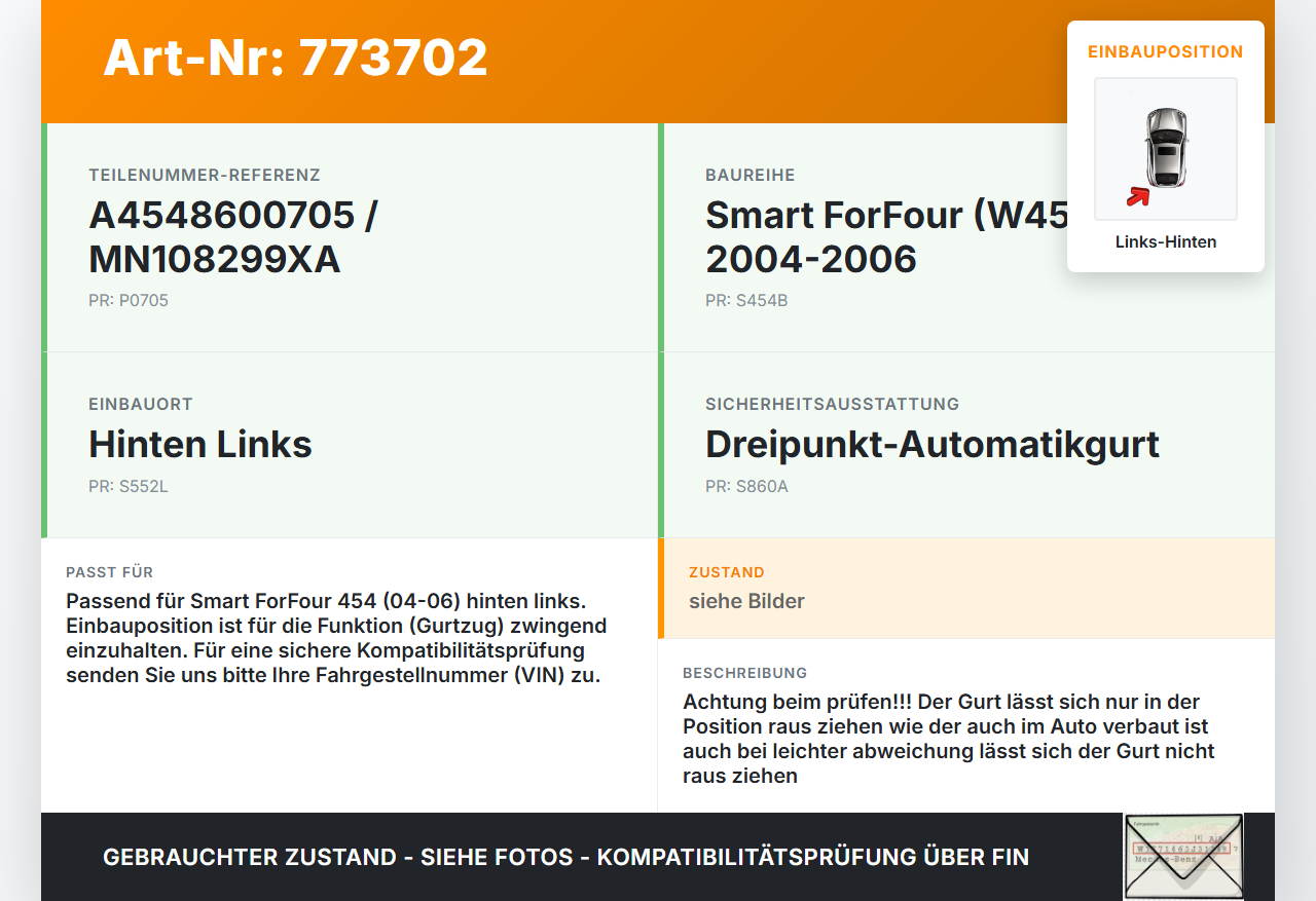 Smart ForFour 454 04-06 Gurt Sicherheitsgurt Links Hinten Smart ForFour 454 04-06 08.12.2004 A4548600705 MN108299XA... Vorschau 3