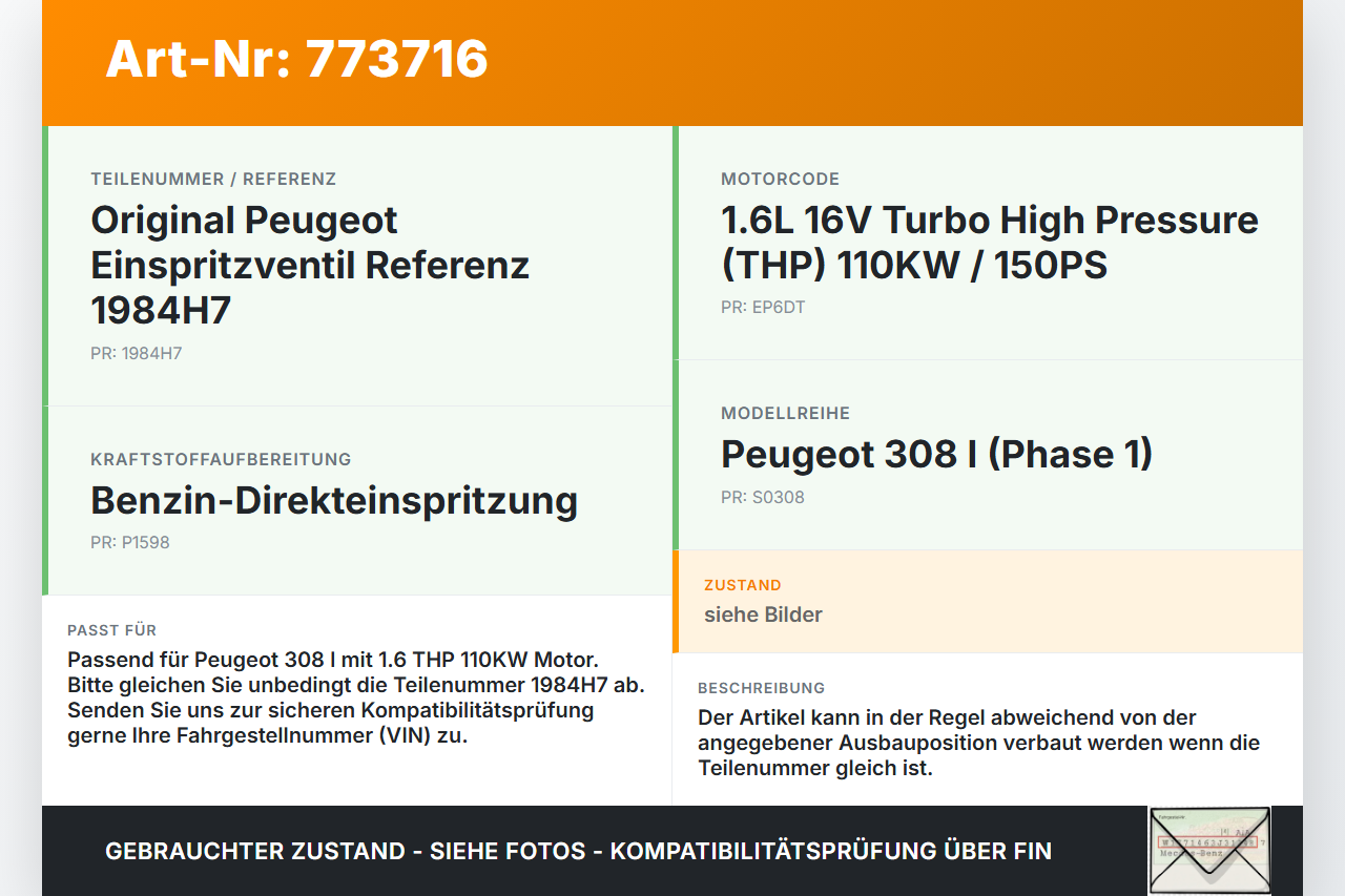 Peugeot 308 I 07-11 1,6 110KW Einspritzdüse Einspritzventil Zyl.4 Peugeot 308 I 07-11 26.02.2009 V7528351 gebraucht Vorschau 3