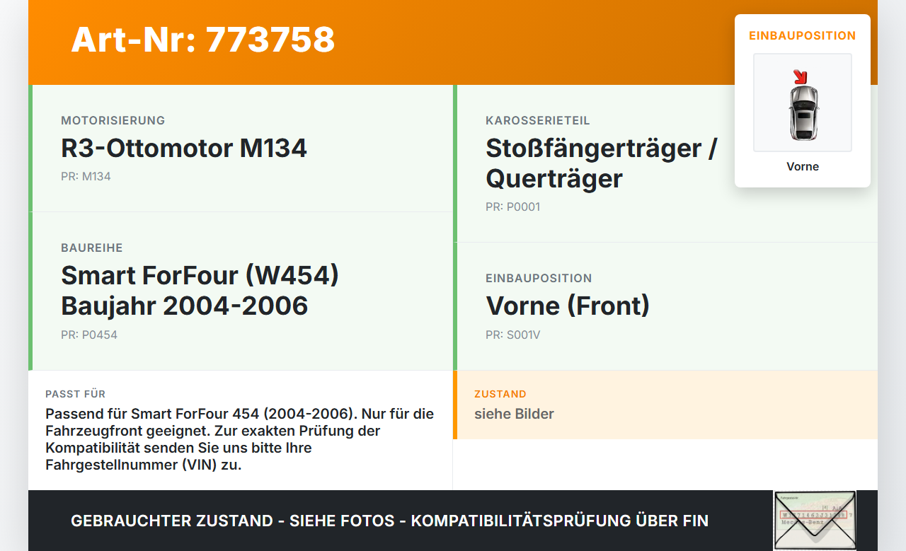 Smart ForFour 454 04-06 Stoßstangenträger Stoßfängerträger Querträger Vorne Smart ForFour 454 04-06 08.12.2004 gebraucht Vorschau 3