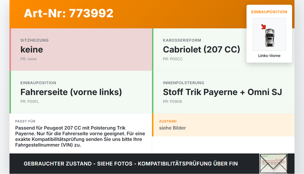 Peugeot 207 CC 07-09 Kopfstütze Fahrer Links Vorne Peugeot 207 CC 07-09 01.05.2007 gebraucht Vorschau 3