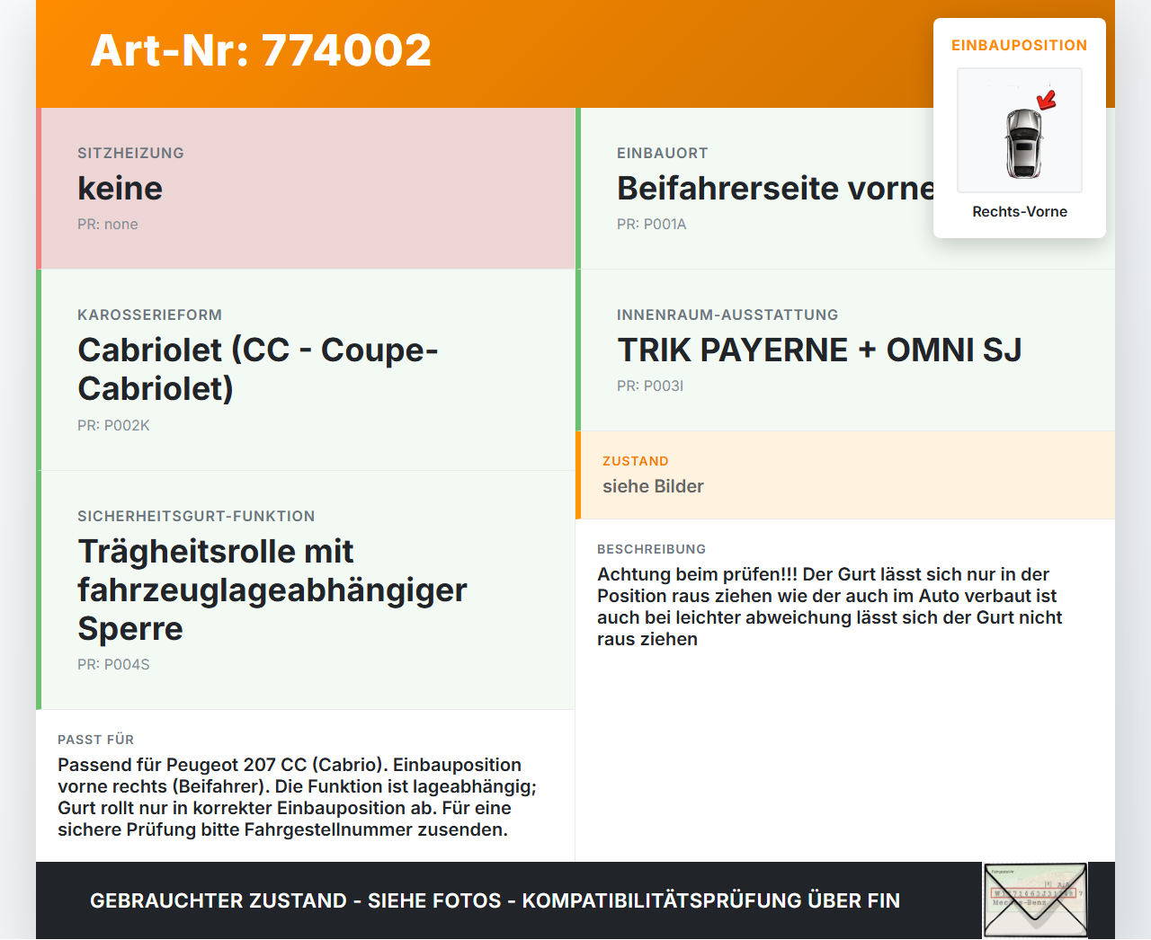 Peugeot 207 CC 07-09 Gurt Sicherheitsgurt Gurtstraffer für Beifahrer Rechts Vorne Peugeot 207 CC 07-09 01.05.2007... Vorschau 3