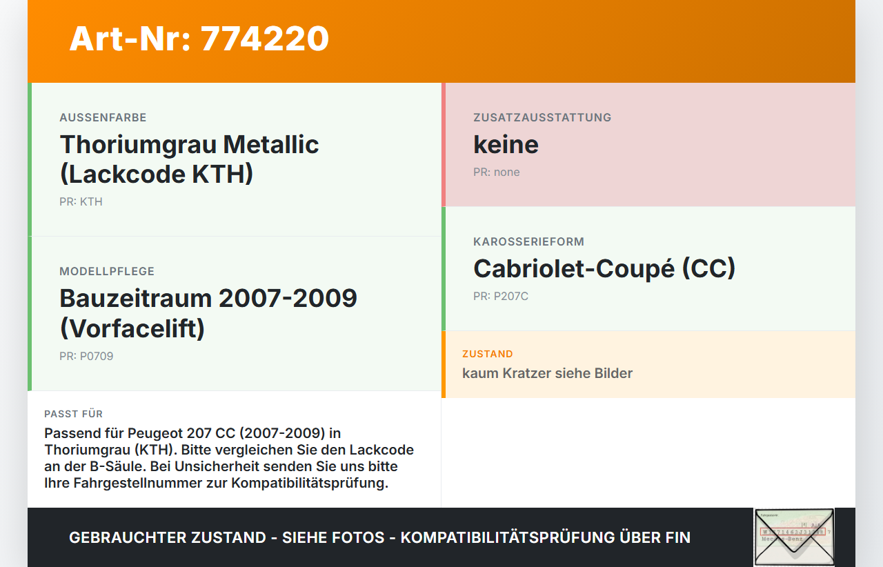 Peugeot 207 CC 07-09 Tankdeckel Tankklappe KTH Peugeot 207 CC 07-09 01.05.2007 gebraucht Vorschau 3
