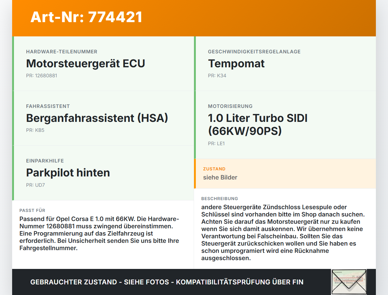 Opel Corsa E 14-19 1,0 66KW Steuergerät ECU für Motor Motorsteuergerät Opel Corsa E 14-19 18.10.2016 12680881 gebraucht Vorschau 3