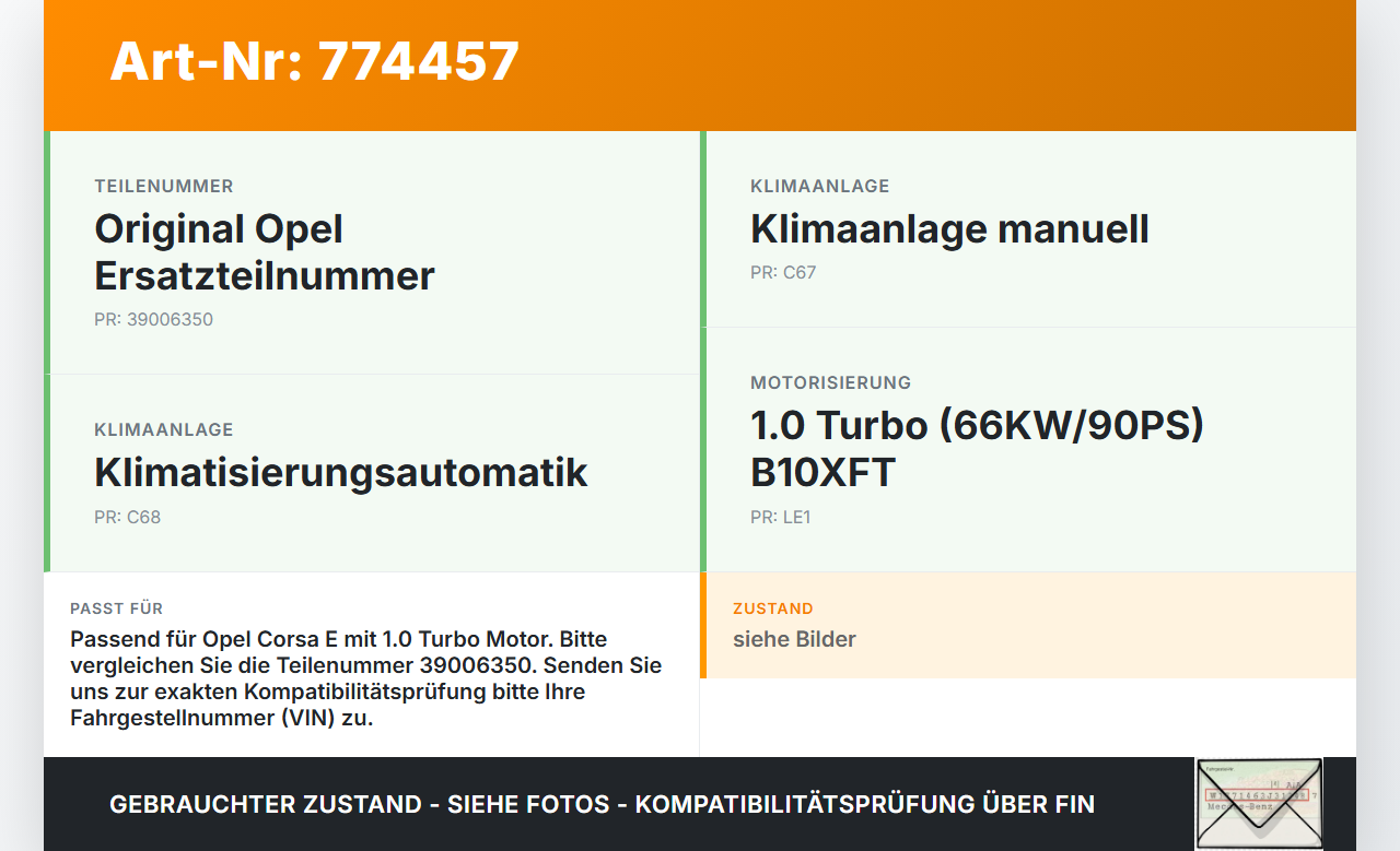 Opel Corsa E 14-19 1,0 66KW Klimakompressor Klima Kompressor Opel Corsa E 14-19 18.10.2016 GE447150-6950 39006350... Vorschau 3