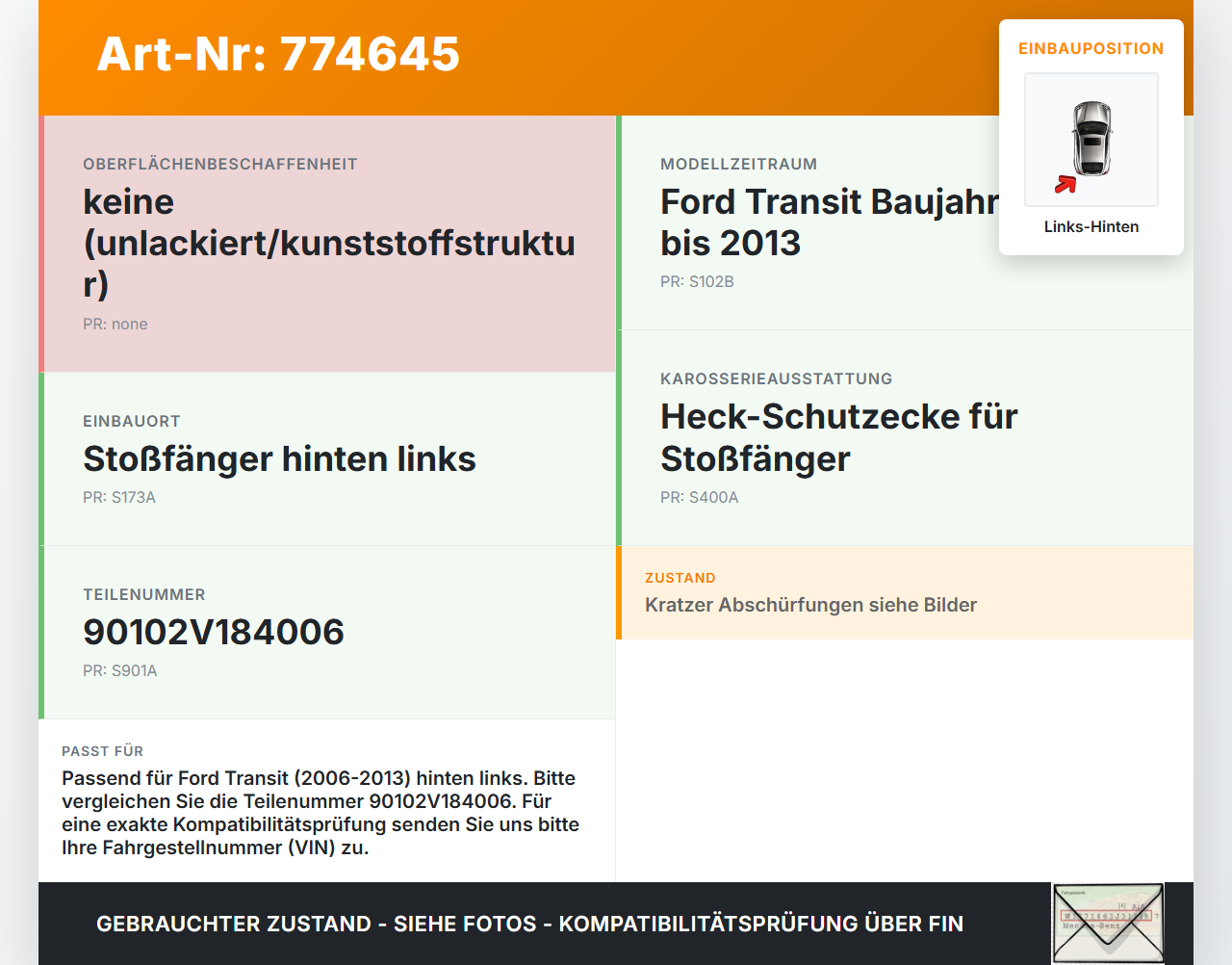 Ford Transit 06-13 Schutzecke für Stoßstange Stoßfänger Links Hinten Ford Transit 06-13 30.11.2009 90102V184006... Vorschau 3
