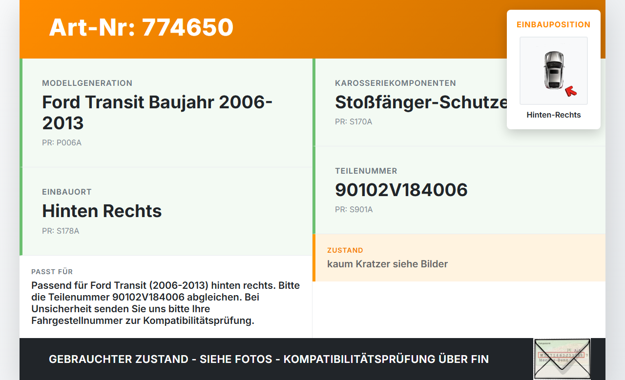 Ford Transit 06-13 Schutzecke für Stoßstange Stoßfänger Hinten Rechts Ford Transit 06-13 30.11.2009 90102V184006... Vorschau 3