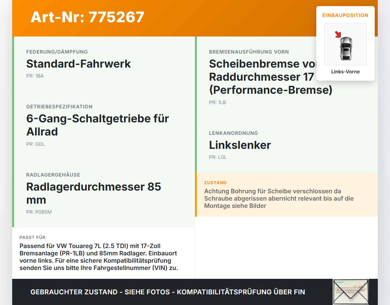 Touareg 7L 02-06 TDI 2,5 128KW Achsschenkel Radnabe mit ABS Links Vorne 85MM 1LB Touareg 7L 02-06 02.06.2004... Vorschau 3