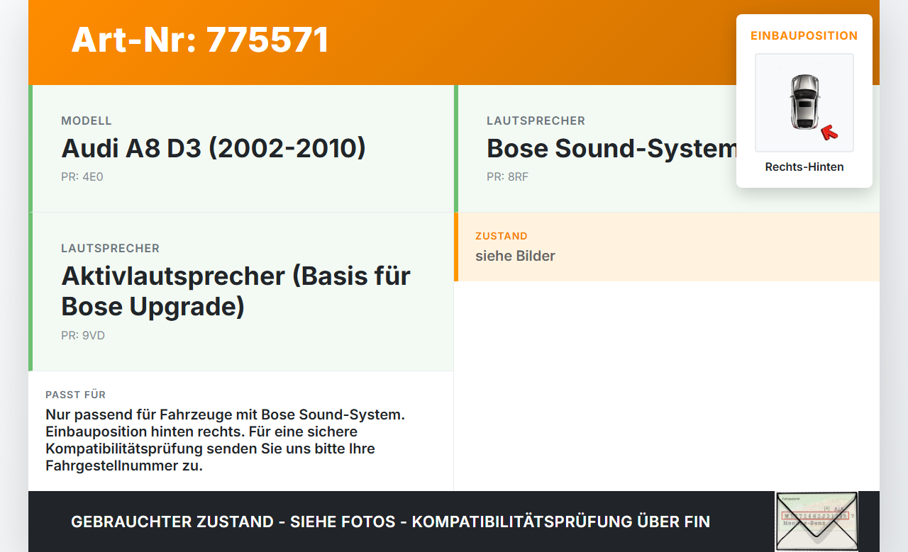 Audi A8 D3 4E qu 02-05 Lautsprecher Rechts Hinten Orig. Bose Audi A8 D3 4E qu 02-05 06.12.2003 4E0035411H 373041... Vorschau 3