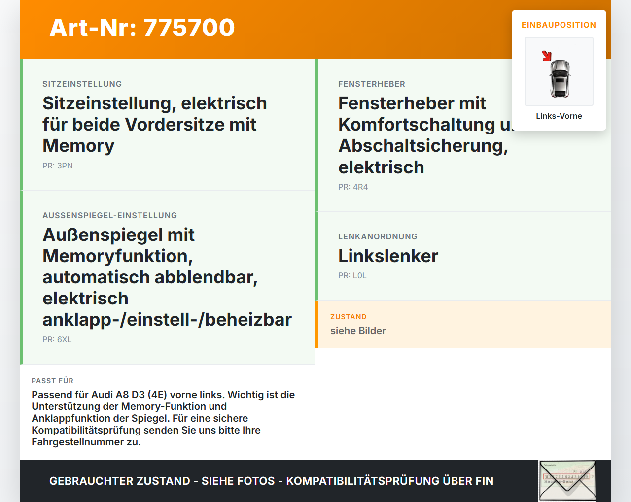 Audi A8 D3 4E qu 02-05 Fensterhebermotor Links Vorne Audi A8 D3 4E qu 02-05 06.12.2003 4E1959801 992820-107... Vorschau 3
