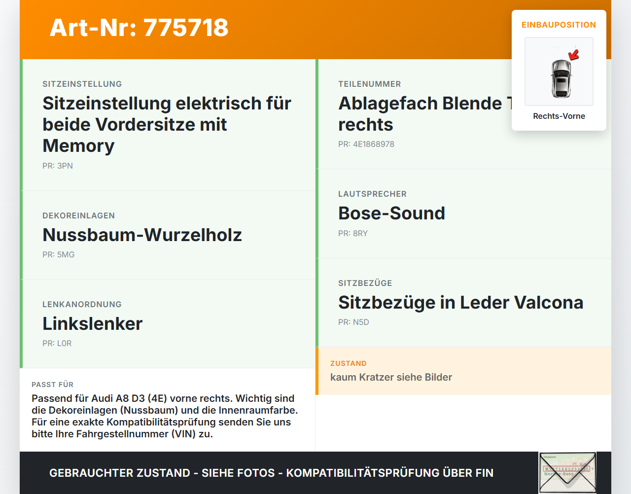 Audi A8 D3 4E qu 02-05 Ablagefach Blende Tür Rechts Vorne Audi A8 D3 4E qu 02-05 06.12.2003 4E1868978A gebraucht Vorschau 3