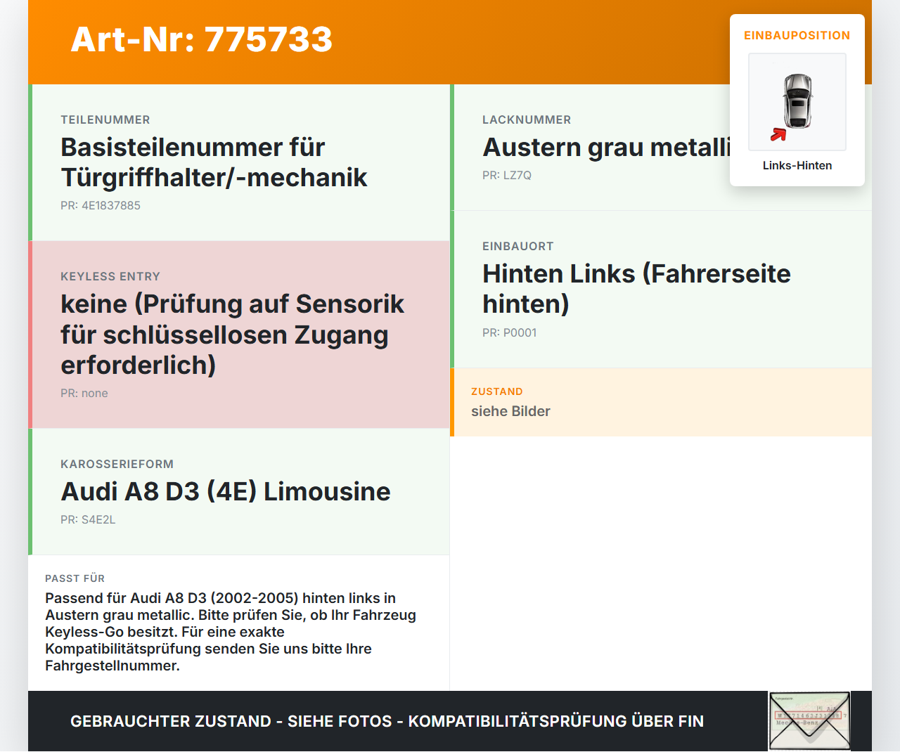 Audi A8 D3 4E qu 02-05 Türgriff Griff aussen Links Hinten LZ7Q Audi A8 D3 4E qu 02-05 06.12.2003 4E1837885 gebraucht Vorschau 3