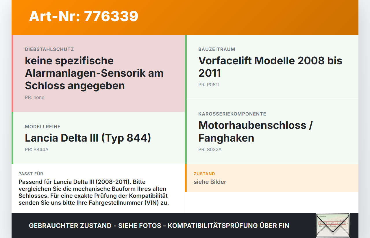 Lancia Delta III 844 08-11 Haubenschloss Motorhaubenschloss Schloss Lancia Delta III 844 08-11 08.05.2008 gebraucht Vorschau 3