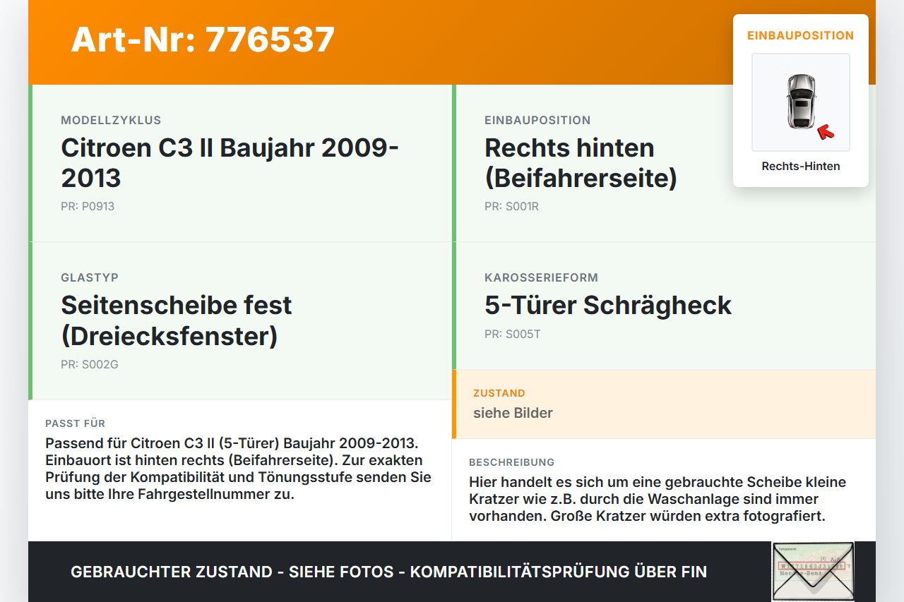 Citroen C3 II 09-13 5T RH Dreieck Seitenscheibe Scheibe Rechts Hinten Citroen C3 II 09-13 01.01.2011 gebraucht Vorschau 3