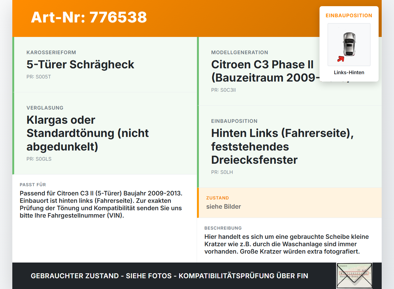 Citroen C3 II 09-13 5T LH Dreieck Seitenscheibe Links Hinten Citroen C3 II 09-13 01.01.2011 gebraucht Vorschau 3