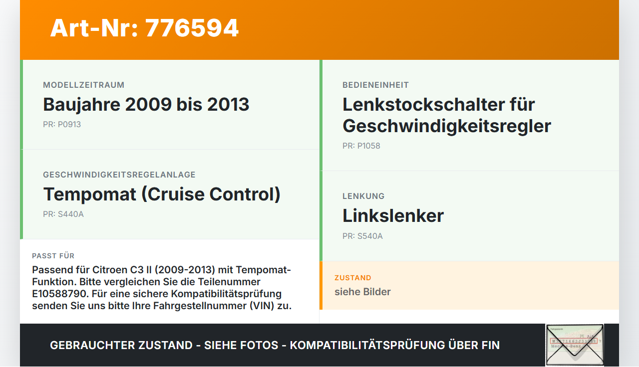 Citroen C3 II 09-13 Lenkstockschalter Tempomat Bedienung Citroen C3 II 09-13 01.01.2011 96655861XT E10588790 gebraucht Vorschau 3