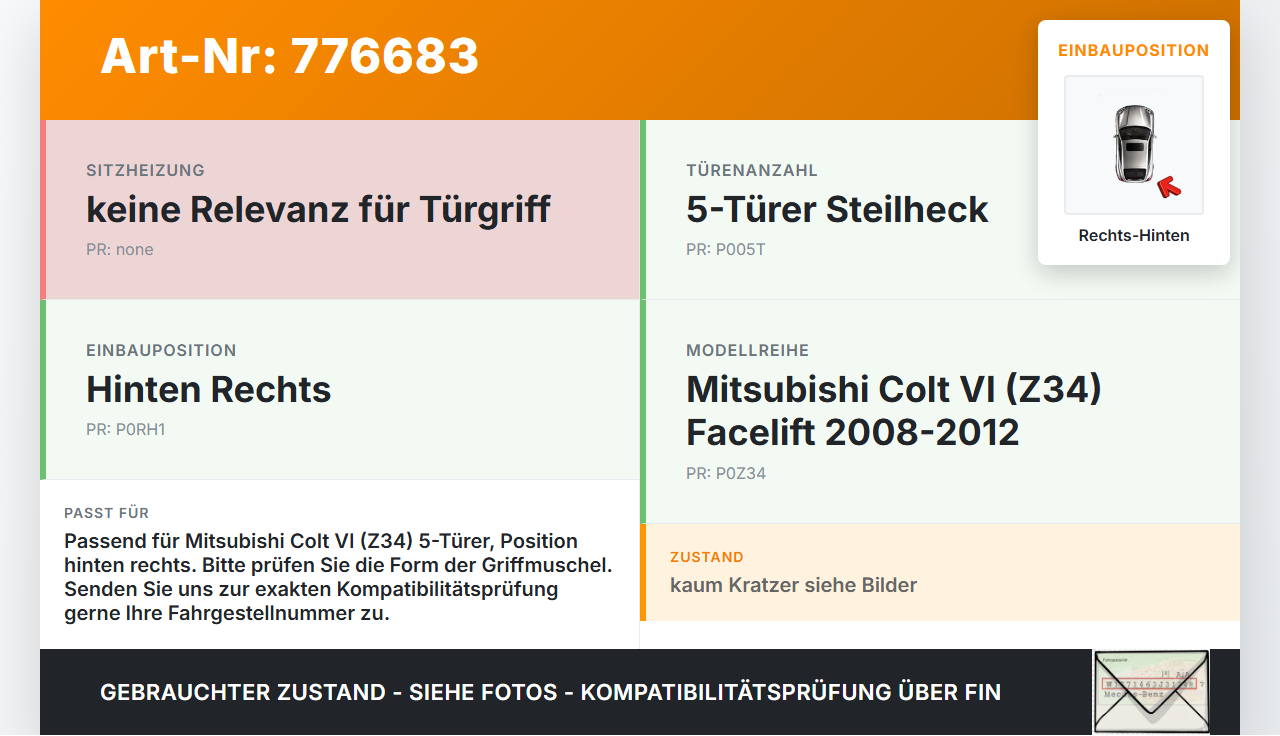 Mitsubishi Colt VI Z34 08-12 5T Griff Griffmuschel Türgriff Innen Rechts Hinten Mitsubishi Colt VI Z34 08-12... Vorschau 3