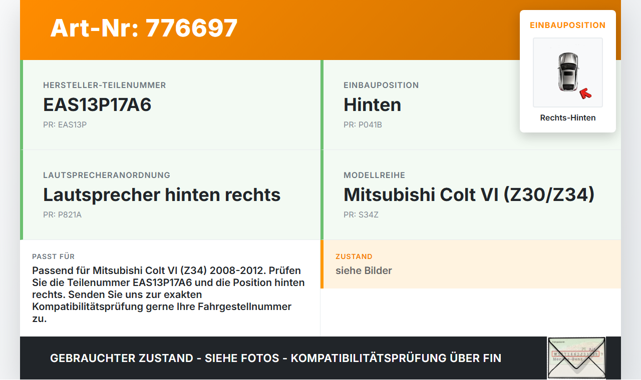 Mitsubishi Colt VI Z34 08-12 Lautsprecher Rechts Hinten Mitsubishi Colt VI Z34 08-12 05.06.2010 EAS13P17A6 gebraucht Vorschau 3