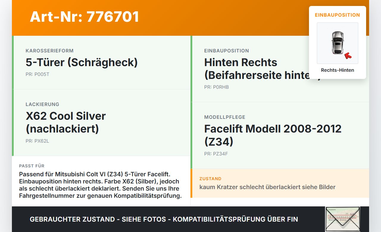 Mitsubishi Colt VI Z34 08-12 5T Türgriff Griff aussen Rechts Hinten X62 Mitsubishi Colt VI Z34 08-12 05.06.2010... Vorschau 3