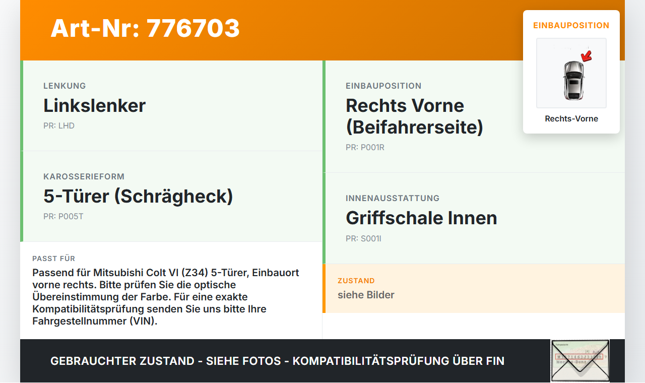 Mitsubishi Colt VI Z34 08-12 5T Türgriff Griffmuschel Griff Innen Rechts Vorne Mitsubishi Colt VI Z34 08-12... Vorschau 3